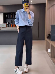 High Waist Straight Leg Casual Pants Womens plus Size Pear Shape Body Slimming Nine Point Wide Leg Pants Korean Style Simple Pure Color