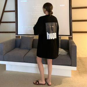 plus Size Cotton T-Shirt Womens Loose Fit Short Sleeve Summer Slimming Hip Covering Dress Harajuku Style Korean round Neck Print