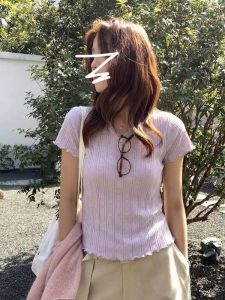 Áo Thun Tay Knit Cổ V Màu Tím Pháp cho Phụ Nữ Mùa Hè