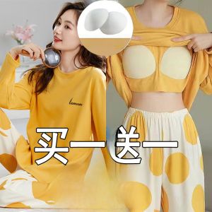 Pajamas Women with Chest Pad Pure Cotton Womens Wear Long Sleeves Pants Plus Size Fashion Casual Loose Homewear Spring Autumn Set