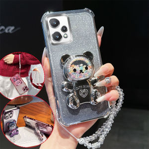 4 Corner Shockproof Phone Case with Cute Bear Stand Crystal Chain Lanyard For Oppo Realme 9 Pro Plus Narzo 50Pro K10X Back Cover