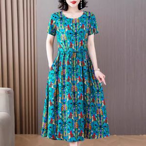 Váy Voan Lụa Thời Trang Mùa Hè Cho Mẹ Váy Midi Họa Tiết Hoa Cỡ Lớn Có Túi Cho Phụ Nữ Trung Niên Váy Chữ a Cổ Tròn Tay Ngắn