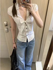 YUEZHONGWEI | French V-neck Bow Tie Polka Dot Short Sleeve Shirt Womens Summer Design Slim Fit Short Length Top Waist Cinching Korean Style