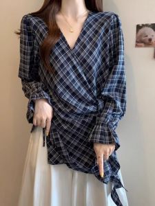 AIYITI | Áo Dài Tay Cổ irrégulier Caro Pháp Size Lớn