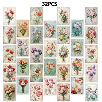 32pcs Vintage Flower Bouquet Postcards Floral Theme Greeting Cards Wall Stickers Bedroom Decor Retro Postcard Series.
