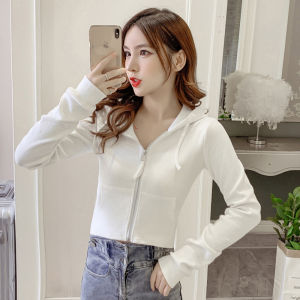 เสื้อคาร์ดิแกนแขนยาวมีฮู้ดทรงสลิมฟิตสำหรับผู้หญิงไซส์เล็ก ฤดูใบไม้ร่วง 2021 เสื้อคลุมกันหนาวแบบสวมหัวสีพื้น ผ้าฝ้าย