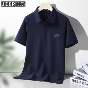 Jeep Pure Color Short Sleeve Polo Shirt Mens Summer Loose Fit Casual Cotton Eyelet Mesh Business Casual Top Fashion Urban Style