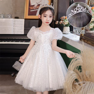 Childrens Dress Princess Dress Little Girl Summer White Flower Girl Wedding Dress Girl Piano Playing Host Performance Costume