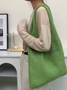 OOKAS white woven tote bag with mesh upper section and solid lower section