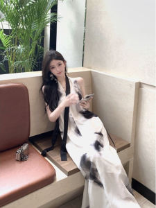 ชุดเดรสยาวแขนกุดคอวีพิมพ์ลายหมึกสีน้ำสไตล์จีนใหม่สำหรับผู้หญิงในฤดูร้อน เดรสยาวเอวสูงทรงเอคอวีแบบสวมหัว