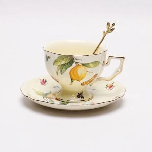 JUSTINLAU European Style Ceramic Mug Coffee Cup＆Saucers Set Lemon Pattern Retro Afternoon Tea cups Dessert Plate Home Tableware