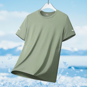 Mens Quick Drying T-shirts Breathable Running Summer Ice Silk Thin Top Reflective Printing Short Sleeve Fitness Sports T-Shirt