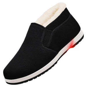 Mens Winter High Top Thickened Warm Anti-slip Black Cloth Shoes Old Beijing Style Fleece Lined Waterproof Cotton Shoes for Middle-aged And Elderly