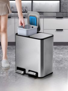 Kitchen Living Room Large Size Stainless Steel Foot Pedal Dual Bucket Trash Can Classification Household Waste Separation