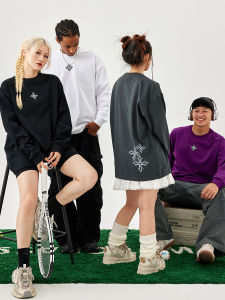 เสื้อยืดแขนยาวพิมพ์ลายเรขาคณิตหลวมพอดี 76NMK เสื้อฐานผ้าฝ้ายสไตล์ High Street สําหรับวัยรุ่นเหมาะสําหรับฤดูใบไม้ผลิและฤดูใบไม้ร่วง