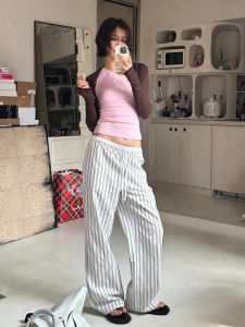 White Striped Casual Pants Womens Summer New Loose Slim Straight Leg Wide Leg Pants Drapey Slimming Versatile Pants