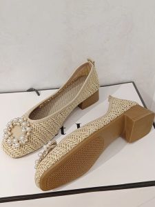 WANGGONGZHU | Princess Style Pearl Rhinestone Chunky Heel Square Head Single Shoes Women Summer New Breathable Hollow Soft Bottom Mid Heel