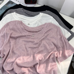 Art Luo ครอบครัวที่มีชื่อเสียง Pure Color Patchwork เสื้อยืดแขนสั้นผู้หญิงนุ่มน้ําหนักเบาฤดูร้อน Crewneck Top