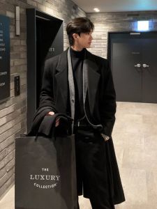 Korean Style Mens Woolen Coat Autumn Winter Thickened Overcoat Long Length Suit Jacket High End Feeling Hip Hop over Knee Windbreaker