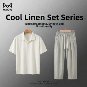 MiiOW | Luxury Old Money Style Seagull Collar Loose Thin Summer Linen Short Sleeve Set