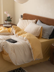 Simple Washed Cotton Embroidered Stripe Bedding Four-Piece Set Pure Cotton 1.5m 1.8m Duvet Cover Bed Sheet Three-Piece Set