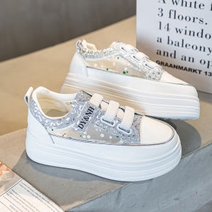 Womens Sporty Flat Laced Breathable Mesh Sneakers Thick Heel 6cm Heightening Spring Summer New Style Fashionable Casual Shoes