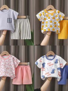 Pure Cotton Short Sleeve Childrens Outfit Baby Boy Shorts Summer Clothes Casual Cartoon Print 2-Piece Set for Boys And Girls