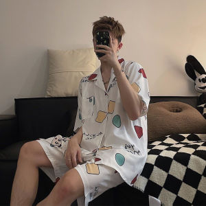 Large Size Mens Summer Ice Silk Short Sleeve Sleepwear Home Clothes Set Thin Youth Cartoon Print Pajamas Home Comfortable