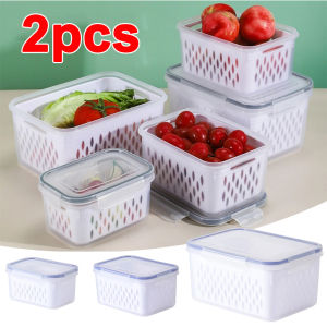 2pcs Food Storage Boxes Refrigerator Sealed Container Fresh-keeping Boxes Fruit Vegetables Frozen Double-layer Drain Basket Kitchen Organizer