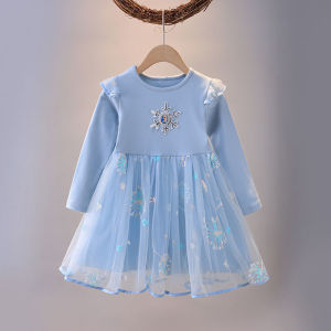 Đầm Công Chúa Cho Bé Gái Dài Tay Lưới Cotton Trẻ Em Phục Thường Ngày Dài Đến Đầu Gối Elsa Frozen Phong Cách Trẻ Em Đảng Quần Áo 2-9Y
