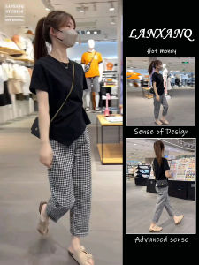 Summer Outfit 2025 Trendy Slimming High-End Feeling Short Womens Casual Two-Piece Set Female Commute Korean Style round Neck High Waist