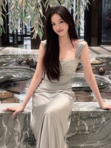CHANGTONG | French Style Elegant Satin Halter Dress