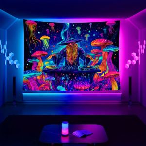 VIKAMA DJ Magic Wizard Rainbow Mushroom Jellyfish Starry Sky Tapestry Wall Art for Bedroom Living Room Decoration Electronic