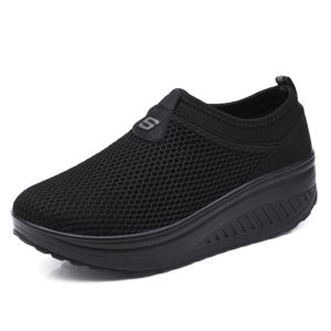 Spring Summer Casual Womens Shoes Black Mesh Breathable Sports Running Flats with Middle Heel and Thick Sole for Daily Wear