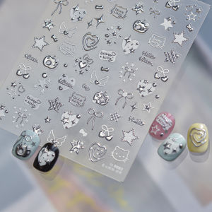 Fashion Silver Metallic Texture Nail Stickers 5D Embossed Stars Bow Love heart Cat Wings Nail Art Stickers DIY nail decoration