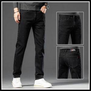 กางเกงยีนส์ทรงตรงเอวกลางสำหรับผู้ชาย ทรงหลวม ทรงลำลอง ผ้าฝ้ายผสมโพลีเอสเตอร์และยางยืด ความยาวปกติ