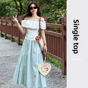 YUEZHONGWEI | French Style Off Shoulder Ruffle Sleeve Short Shirt Womens Summer Unique Beautiful Waist Cinched Slim Fit Shoulder Exposure Top