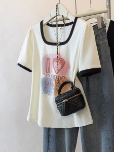 Áo Thun Cổ Vuông Tay Ngắn Dáng Rộng Mùa Hè Cho Nữ Cỡ Lớn Phong Cách Mỹ Cổ Điển Áo Lót Áo Thun Cổ Tròn