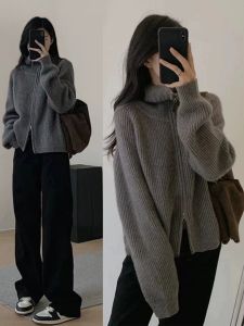 Gray Bear Fur Half High Collar Double Zipper Knitted Sweater Coat Womens Autumn Winter Thickened Outerwear Cardigan