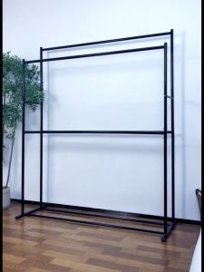 Houlyse ราวตากผ้า ราวแขวนผ้าบาร์คู่ พร้อมชั้นวางของ โครงเหล็ก รองรับน้ำหนัก พร้อมส่ง