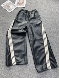 High Waist Straight Leg Floor Length Womens Casual Pants Elastic Waist Sheepskin Leather Slimming Wide Leg Trousers