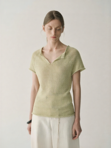 INSIS FEMME | V-neck Natural Frill Hem Summer Linen Blend Blended Yarn Short Sleeve Top