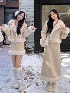 Autumn Winter New Style Small Fragrance Wind Set Womens Cotton Filled Fur Jacket Half Skirt Fashionable Combination One Whole Set