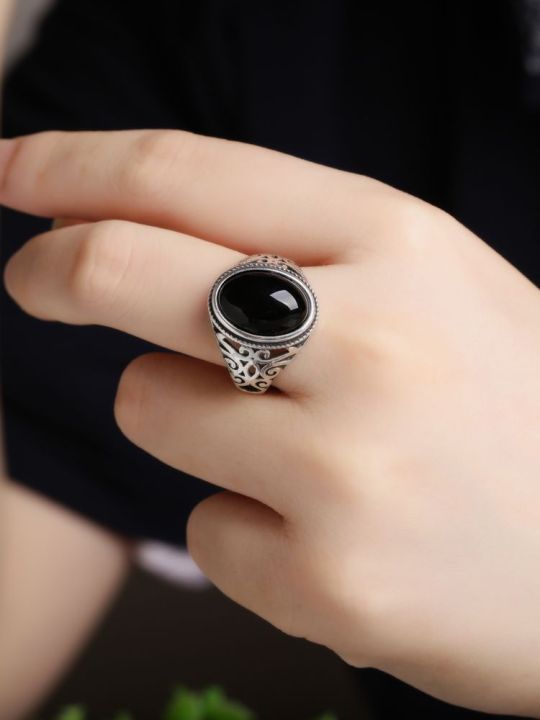 925 Silver Natural Black Agate Gemstone Ring for Women Vintage