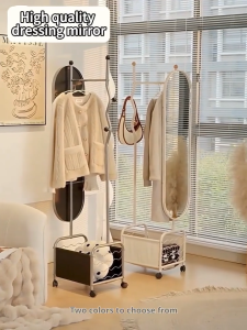 MOD Floor Standing Coat Rack with Full Length Mirror | Multifunction Clothes Hanger with Basket | Nordic Style Floor Clothes Rack | Bedroom Organizer