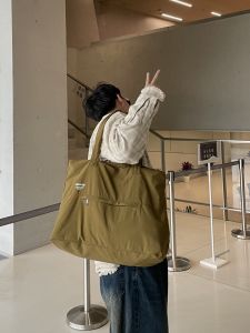 Yuen Japanese Style Simple Shoulder Tote Bag Mens and Womens Waterproof Lightweight Tote Large Capacity Storage Work Clothing Nylon Bag