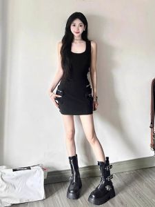 Elegant Black Spaghetti Strap Vest Dress for Women Summer Cool Style High Waist Bodycon Skirt Without Sleeves