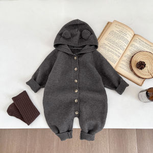 Baby Boy Spring Autumn Knitted Onesie Home Clothes Solid Color Sweater Hat Included Romper Infant Toddler Clothes Pure Color