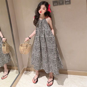 ชุดเดรสยาวคลุมเข่าผ้าโพลีเอสเตอร์สไตล์เกาหลีสำหรับเด็กผู้หญิงในฤดูร้อน ทรงหลวม ลายคลื่น ชุดเด็ก ชุดเดรสยาวคลุมเข่า