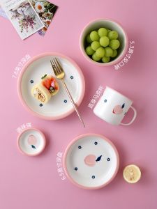 Cute Style Dessert Plate Soup Bowl Spoon Set Nordic Style Ceramic Dish Underglaze Color Plant Floral Pattern round Shape